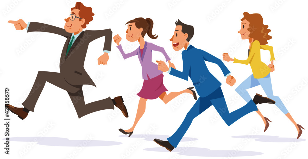 Business people running with smile. Group of office worker run for success. Vector illustration in flat cartoon style. Isolated on white background. Business people running with smile. Group of office worker run for success. Vector illustration in flat cartoon style. Isolated on white background.