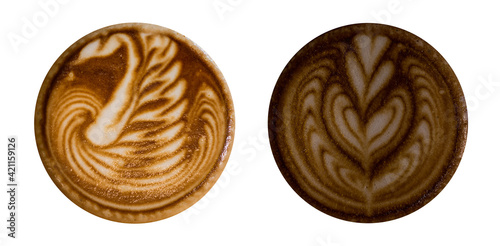 Set Latte Art ,heart shape,L iver Bird latte art, coffee isolated on white background