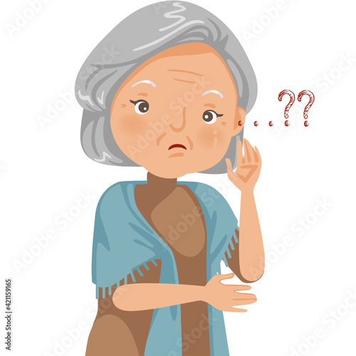 Deafness old woman. Old senior woman he has reduced hearing problems. Elderly women from physical deterioration in old age.