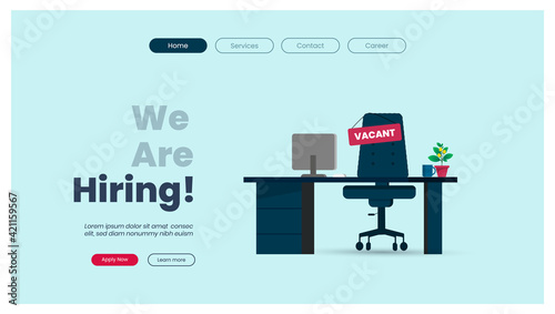 we are hiring. we are hiring announcement web page with vacancy sign on empty office chair.  empty office workplace ready to be occupied by employee.   office table with laptop and cup on it. join us.