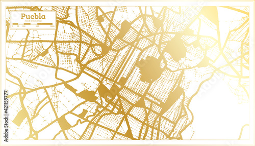 Puebla Mexico City Map in Retro Style in Golden Color. Outline Map.