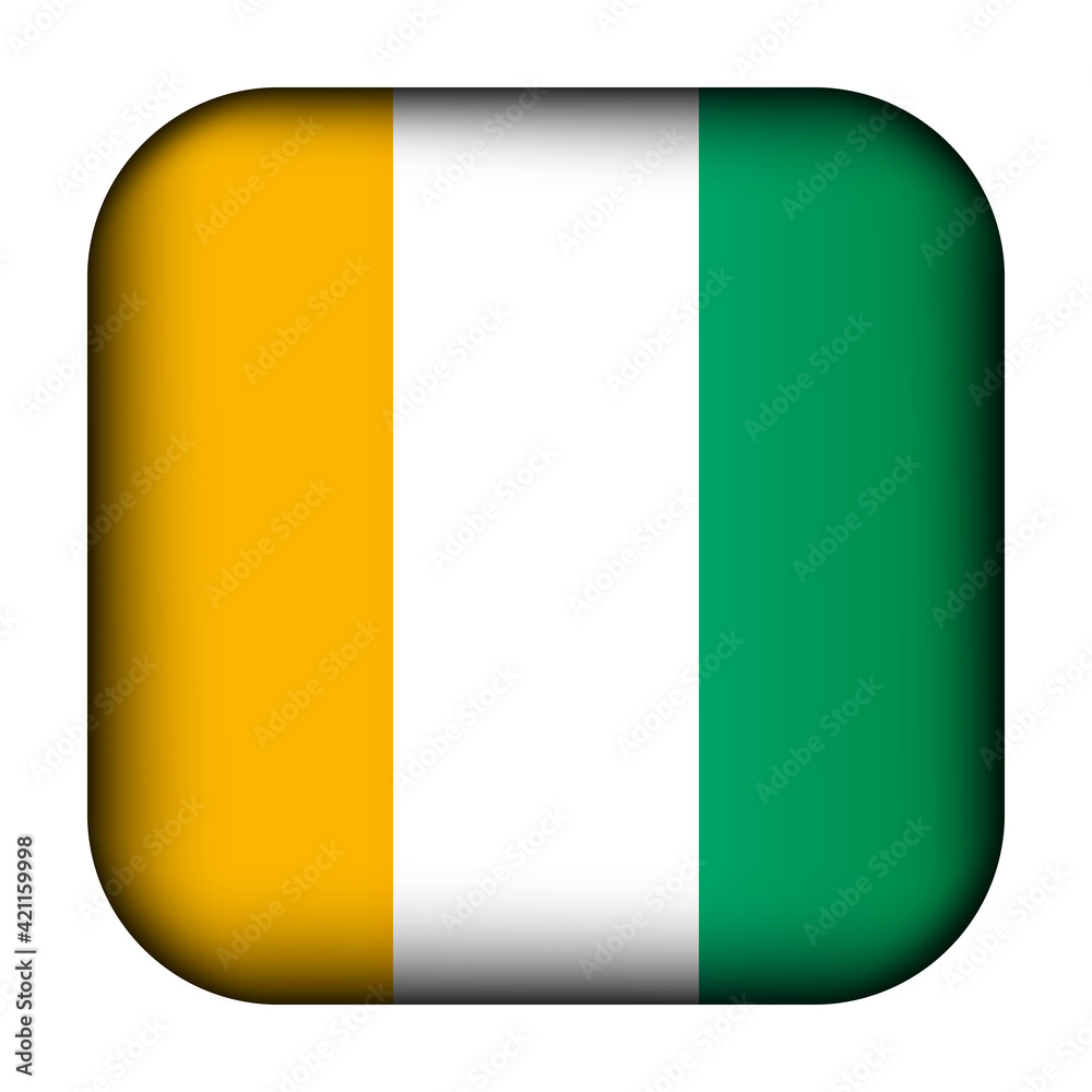 Glass light ball with flag of Cote d’Ivoire. Squared template icon. National symbol. Glossy realistic cube, 3D abstract vector illustration highlighted. Big quadrate, foursquare Glass light ball with flag of Cote d’Ivoire. Squared template icon. National symbol. Glossy realistic cube, 3D abstract vector illustration highlighted. Big quadrate, foursquare
