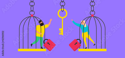 man and woman in locked cage try to get a hanging key vector illustration