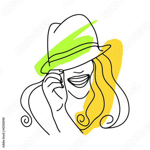 Abstract poster with minimal woman with broad smile in hat. Lline drawing. 
