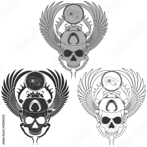 Vector design of scary winged scarab with skull, ancient egypt scarab with the eye of horus, scarab silhouette with grayscale skull