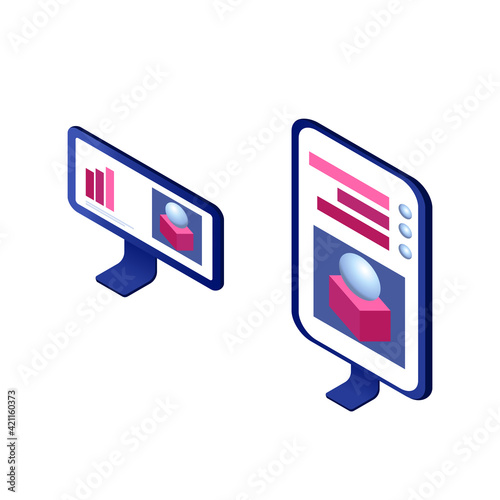 Vector isometric illustration of infographics monitors with graphs and study of 3D paintings. NTF token analysis of price increases for works of art.