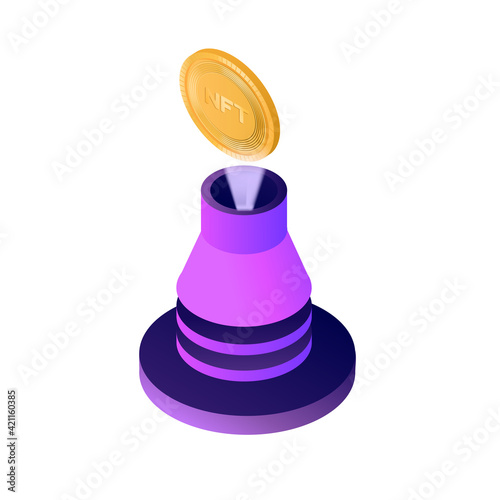 Vector isometric illustration of a volcano spewing NFT coins. non fungible token concept brings a lot of money.