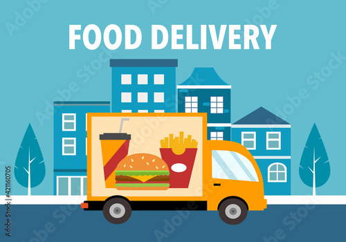 Online food delivery service vector illustration. Fast food, grab food, Uber eat design template for banner, poster. Delivery truck carrying hamburger, French fried and drink with city on background.
