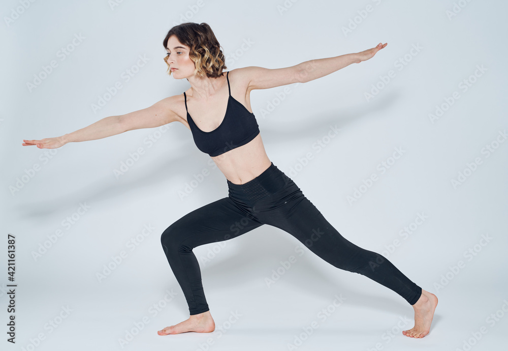 Exercises slim woman yoga asana light background meditation model