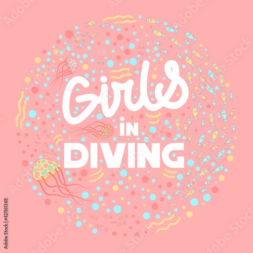 Girls in diving. Vector illustration. Scuba diving. Underwater, weightlessness, beautiful, woman, lifestyle, relaxation, flying, swimming, deep, exploring.