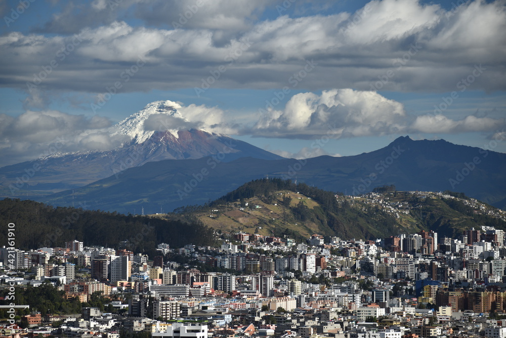 View of Quito city with Cotpaxi Volcano in the background