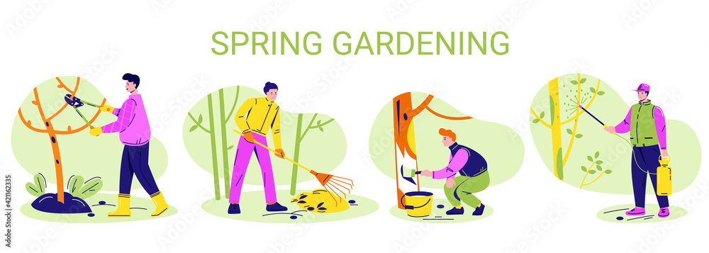Gardening people set. Spring work in the garden, tree pruning, spraying, whitewashing, cleaning. Vector illustration in flat style.