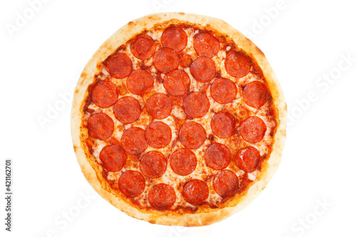 Pizza. Pizza with cheese. Pizza with sausage. Pizza on a white background. Italian food. Fast food.