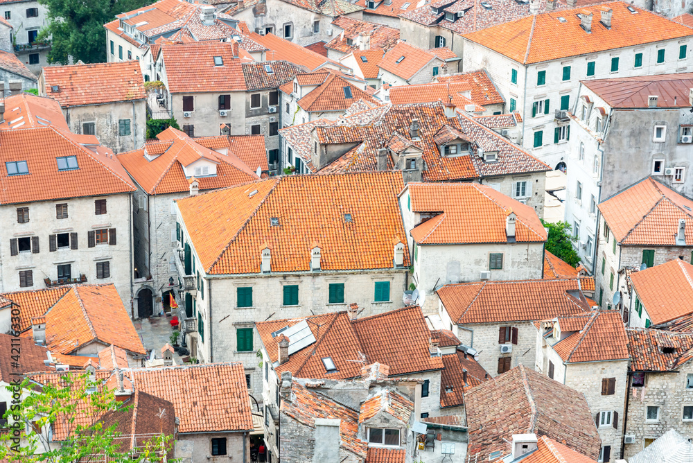 Terracotta tiled rooftops viewed from above the Old Town,Kotor,Montenegro.