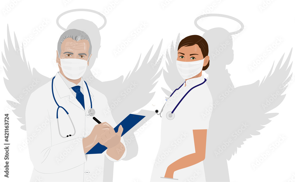 Doctors man and woman masked with wings Doctors man and woman masked with wings