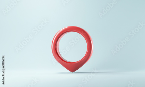 3d red map pointer pin. Location symbol on blue background. 3D rendering