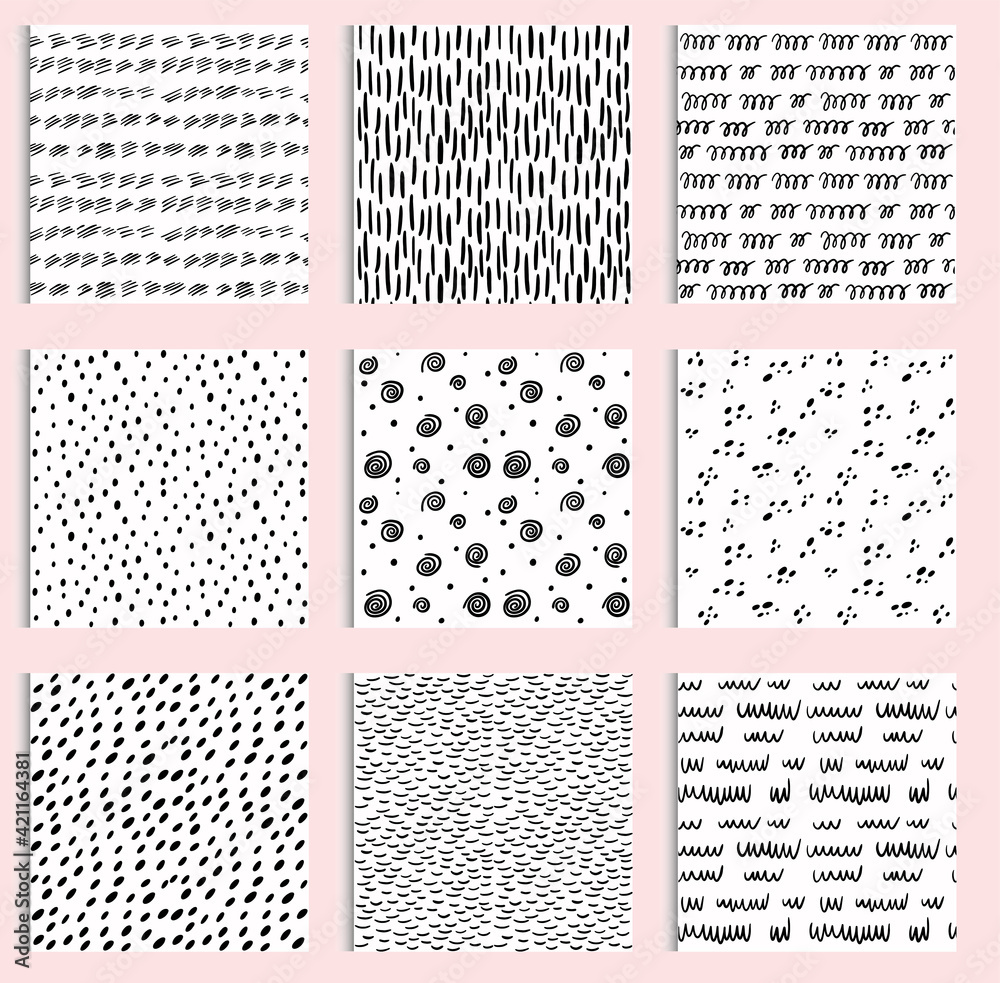 A large set of seamless black and white doodle drawings. Vector illustration. dots, lines, waves, swirls. hand drawing. pattern