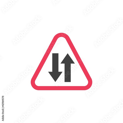 Two way road traffic warning sign flat icon