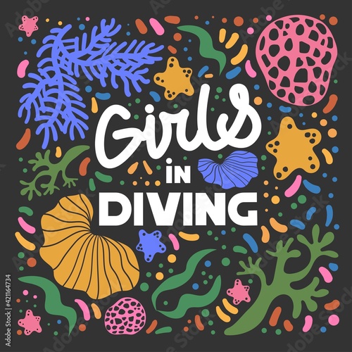 Girls in diving. Vector illustration. Scuba diving. Underwater, weightlessness, beautiful, woman, lifestyle, relaxation, flying, swimming, deep, exploring.