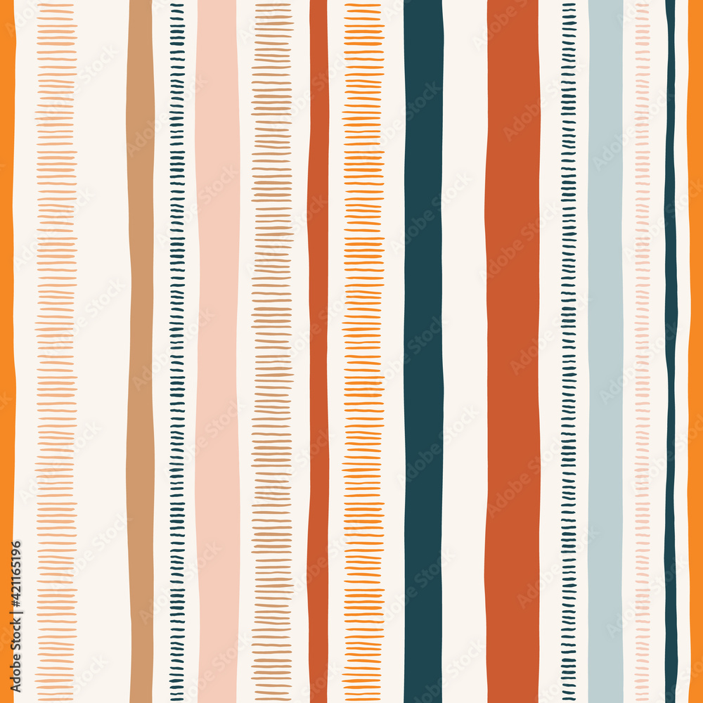 Hand-drawn whimsical textured organic vertical lines and stripes vector seamless pattern. Doodle folk abstract geometric print in bright colors. Marks, scribbles. Perfect for home decor