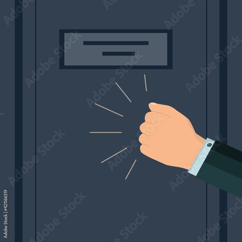 A knock on the door. The man's hand is knocking on the door. Please allow me to enter the room. The businessman's insistent knock. Vector illustration. Flat style.