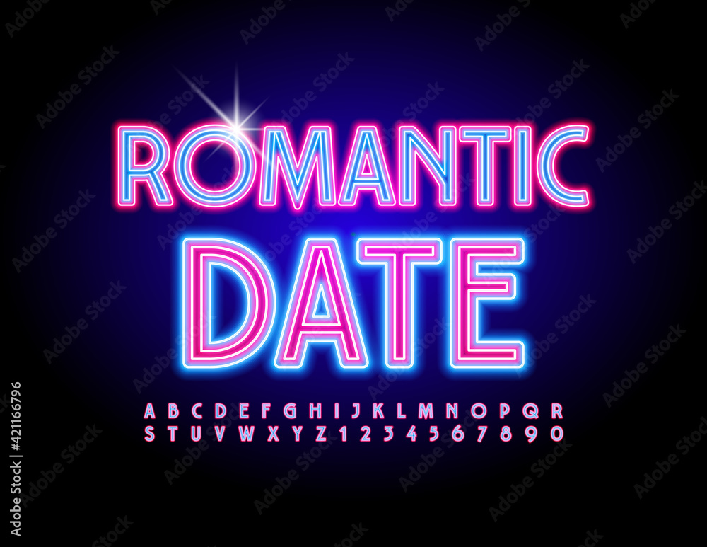 Vector bright invitation Romantic Date. Glowing light Font. Neon Alphabet Letters and Numbers set