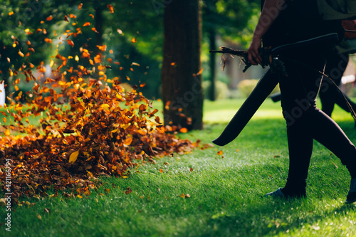 People operating a heavy duty leaf blower.