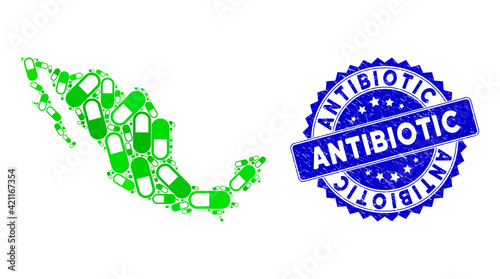 Green Mexican mosaic map combined of medication granule items, and Antibiotic grunge seal stamp. Vector medication granule scattered flat green items are composed into mosaic map of Mexico.