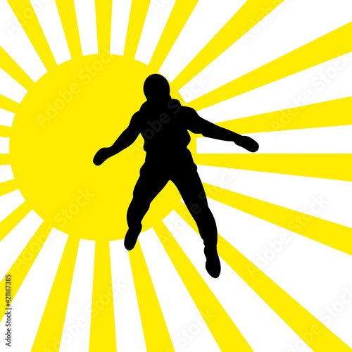 Parachutist against the sun in flight vector silhouette illustration isolated on white background.