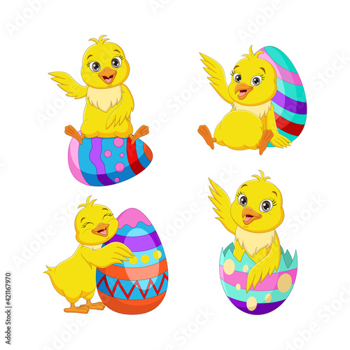 Collection of cartoon Easter chick with eggs