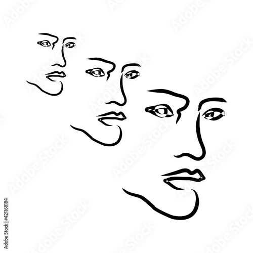 Abstract Face art drawing. Three face vector 