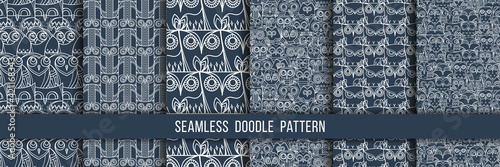 Set of seamless doodle owl patterns. Cute print collection for kids, scrap and other