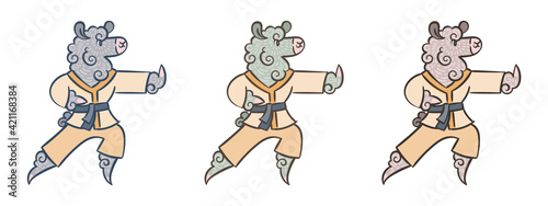 Set of a cute, curly-haired alpacas in a kimono doing kung fu. Vector illustration with border in different colors for coloring pages, prints for children and adults, sports, healthy lifestyle