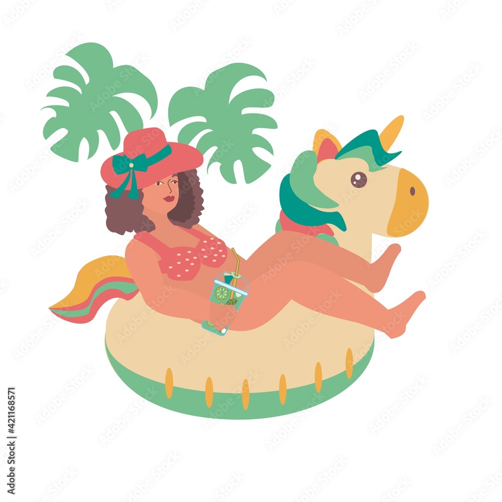 Obraz premium Young woman with glass of mojito and unicorn swimming ring Flat isolated illustratiom