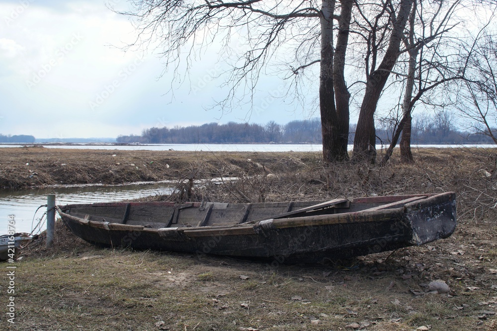 an old wooden rowing boat lying next to trees on the bank of the Vistula River near Płock an old wooden rowing boat lying next to trees on the bank of the Vistula River near Płock
