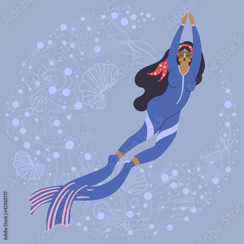 Girls in diving. Vector illustration. Scuba diving. Underwater, weightlessness, beautiful, woman, lifestyle, relaxation, flying, swimming, deep, exploring.