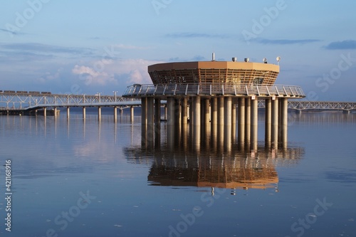 view of the pier and the Marshal Piłsudski Legions Bridge on the Vistula River in Płock