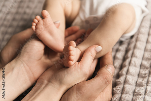 Portrait of a cute bab, the legs of a newborn in the hands of dad and mom