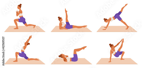 Vector Workout woman set. Girl doing fitness, aerobic and yoga exercises. Lunges, legs exercises and abc