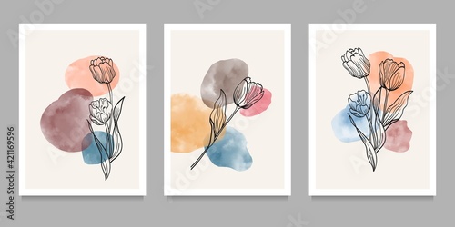 flowers and plants wall art on set. creative minimalist hand painted. Abstract geometric elements. with different shapes for art print, cover, wallpaper. Vector illustration © gina