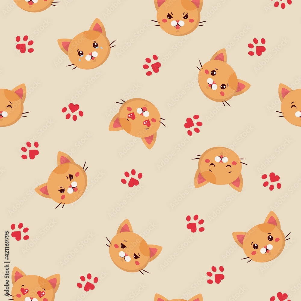 Seamless pattern of emoji ginger cats on light backgound. Emotion face of calm, scepsis, love, sleep,cry, confusion, angry. Stock illustration in kawaii flat style for web and print.