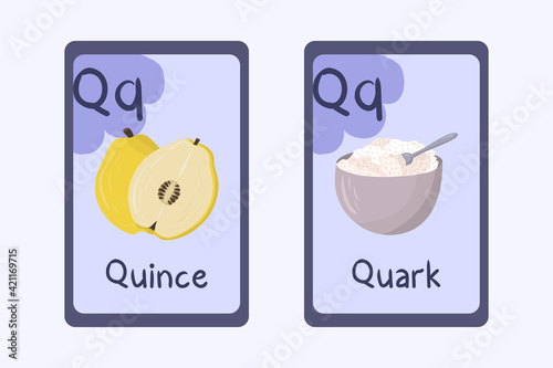 Colorful alphabet flashcard Letter Q - quark, quince.