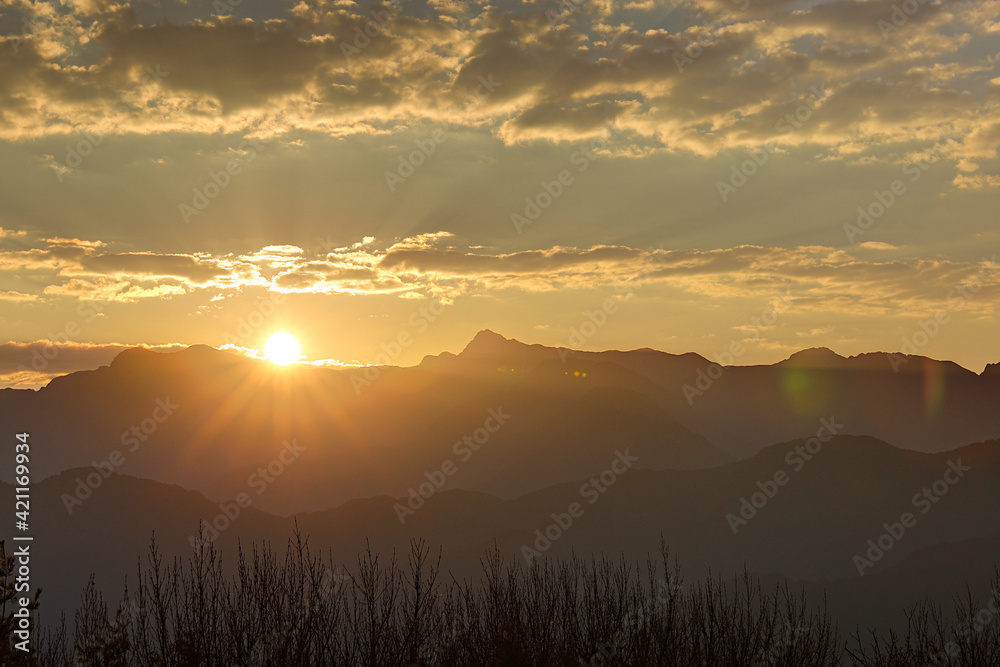 Sun rises in Alishan National Forest Recreation Area, situated in Alishan Township, Chiayi , TAIWAN