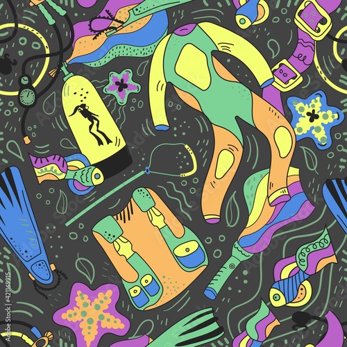 Diving stuff in vector illustration. Cartoon stile. Lettering.  Tank, suit, regulator, mask, light, bcd. Design for diving center. 