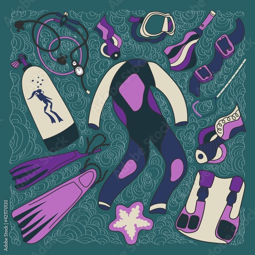 Diving stuff in vector illustration. Cartoon stile. Lettering.  Tank, suit, regulator, mask, light, bcd. Design for diving center. 