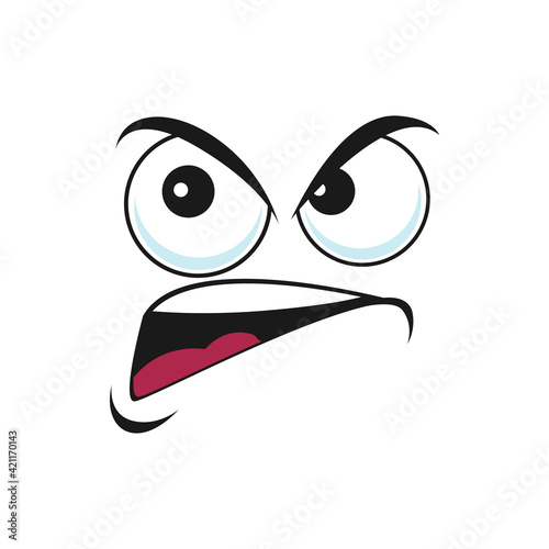 Suspicious emoticon with angry face isolated icon. Vector distrustful emoji with big eyes curved smile, doubtful or questioned smiley line art. Angry disbelief emoticon expression, distrusted sad mood