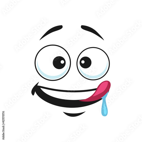 Pleased yummy emoji isolated smiley emoticon with saliva dripping from tongue. Vector pleased hungry emoji ready to enjoy tasty food. Teasing smiley, yummy emoji speech bubble or chatbot thirsty emoji