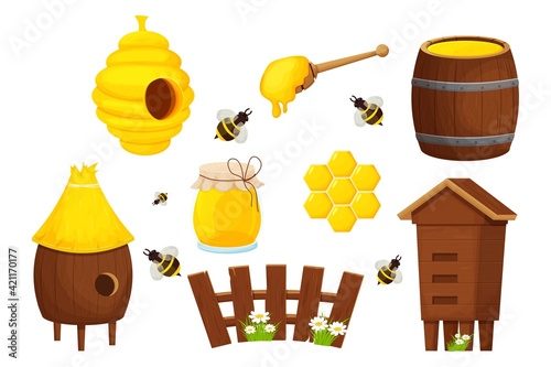 Set of different wooden beehive, cute fence, honey dipper, barrel and glass jar. Apiculture, beekeeping equipment, cartoon objects isolated on white background stock vector illustration.