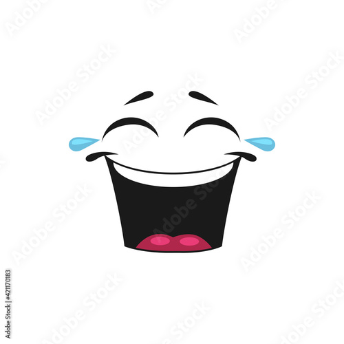 Lol laugh out loud emoticon isolated smiley with tears. Vector laughing smiley with broad open mouth and winked eyes of joy. Happy emoji, giggling emoticon in good mood, satisfied avatar expression