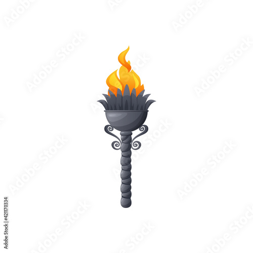 Torch fire flame light, Medieval burning lantern, vector icon. Ancient torch or firelight burning flambeau, Olympus gods torchlight and tribal ancient flaming lamp